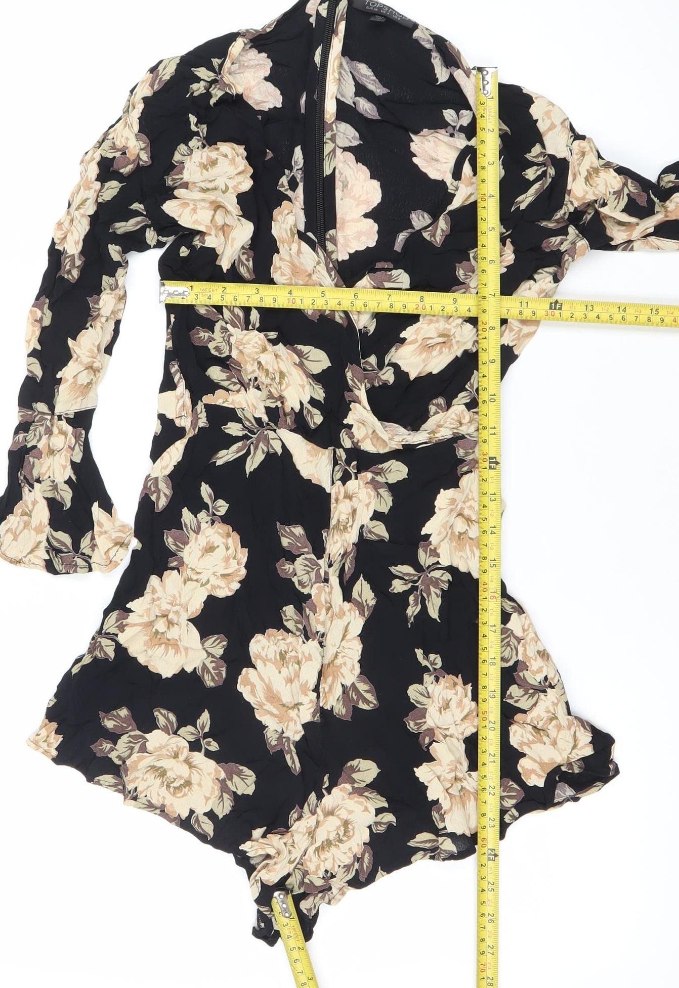 Topshop Womens Black Floral Viscose Long Sleeve Playsuit UK 8
