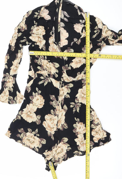 Topshop Womens Black Floral Viscose Long Sleeve Playsuit UK 8