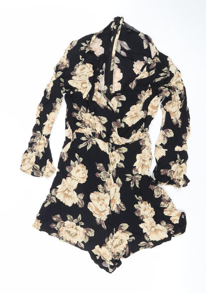 Topshop Womens Black Floral Viscose Long Sleeve Playsuit UK 8