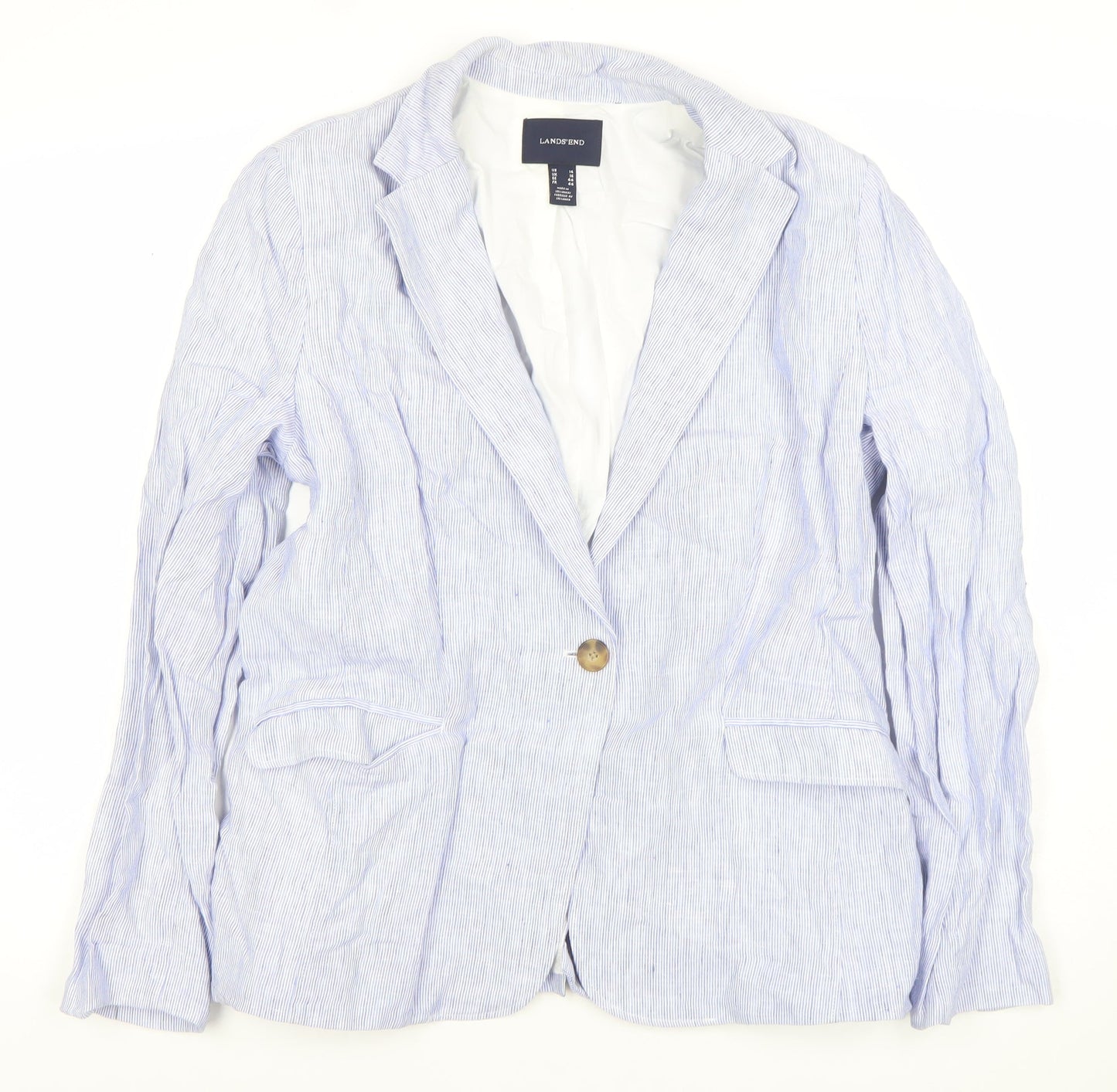 Lands' End Women Blue Striped Linen Blend Blazer Jacket UK 16