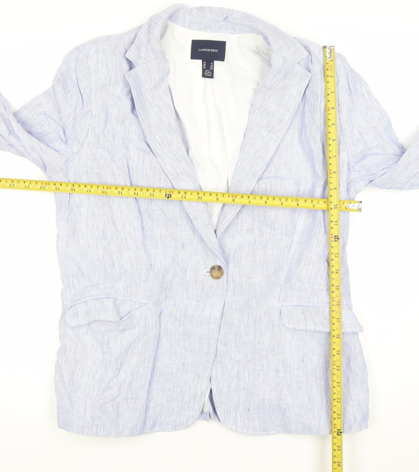 Lands' End Women Blue Striped Linen Blend Blazer Jacket UK 16