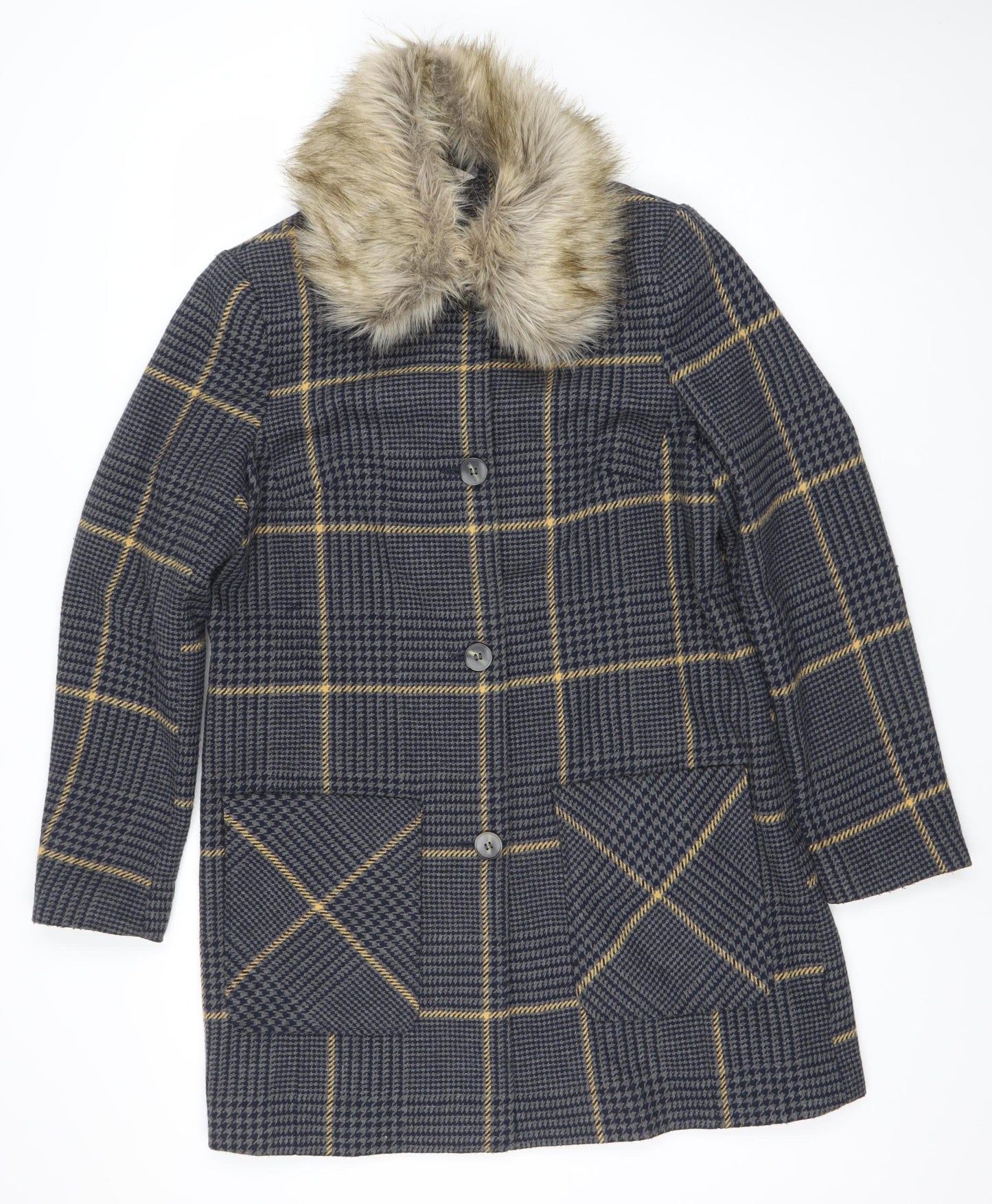 George Women’s Grey Check Faux Fur Collar Coat UK 14 Wool Blend