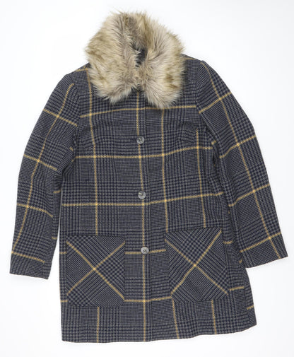 George Women’s Grey Check Faux Fur Collar Coat UK 14 Wool Blend