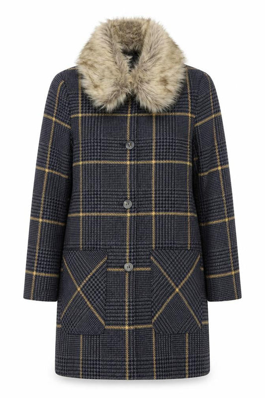 George Women’s Grey Check Faux Fur Collar Coat UK 14 Wool Blend