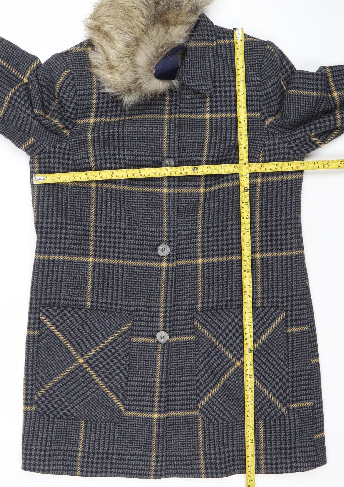 George Women’s Grey Check Faux Fur Collar Coat UK 14 Wool Blend