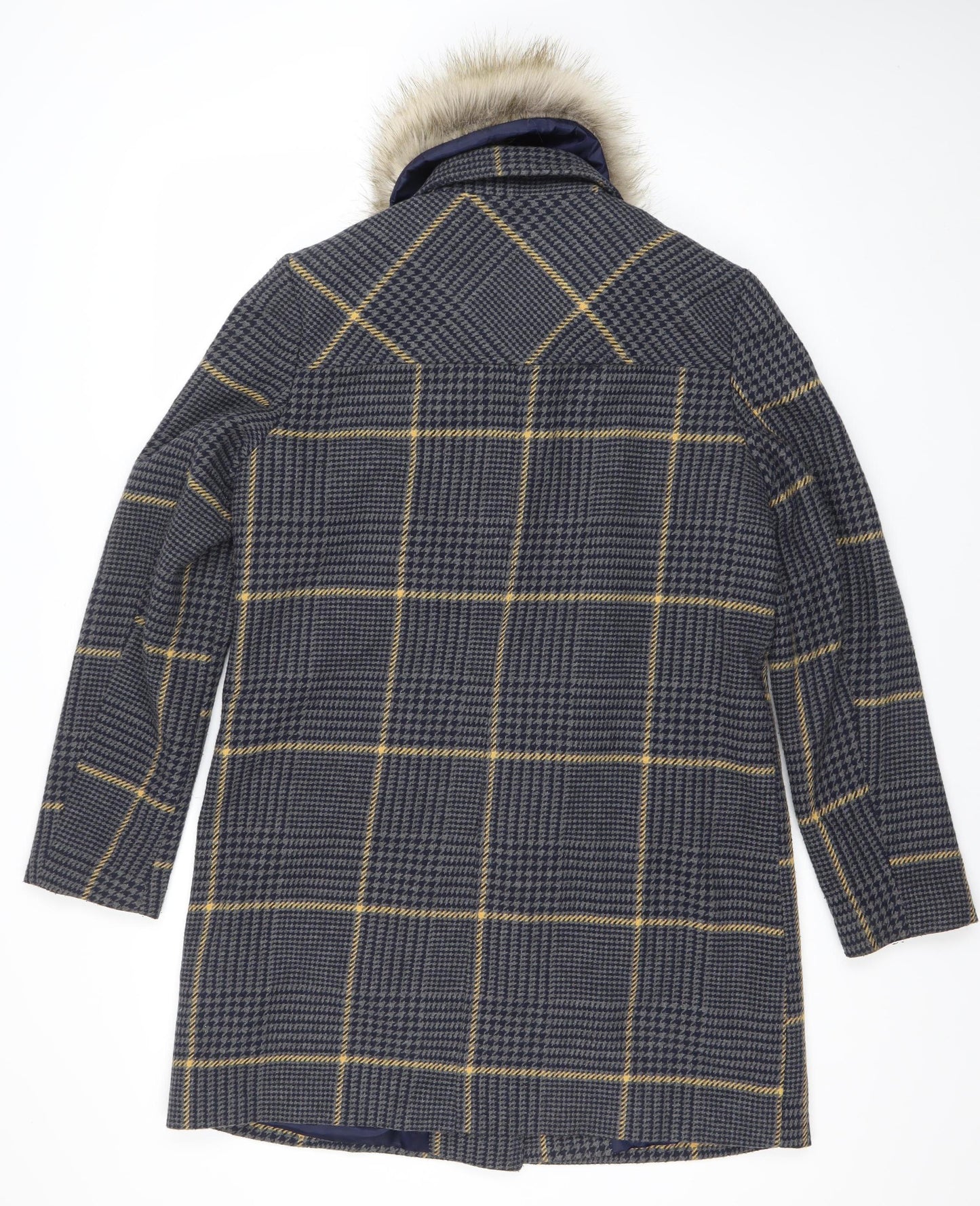 George Women’s Grey Check Faux Fur Collar Coat UK 14 Wool Blend
