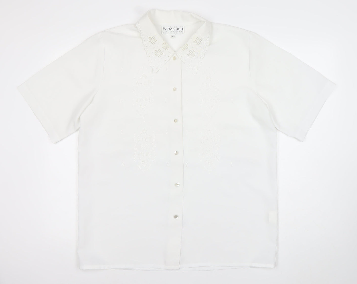 Paramour Womens White Button-Up Short Sleeve Embroidered Shirt L