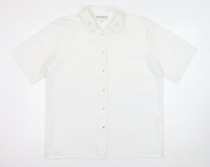Paramour Womens White Button-Up Short Sleeve Embroidered Shirt L