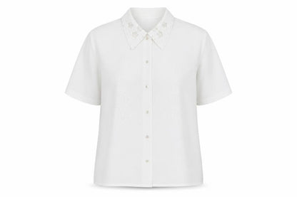 Paramour Womens White Button-Up Short Sleeve Embroidered Shirt L