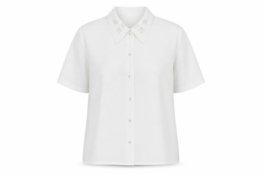 Paramour Womens White Button-Up Short Sleeve Embroidered Shirt L