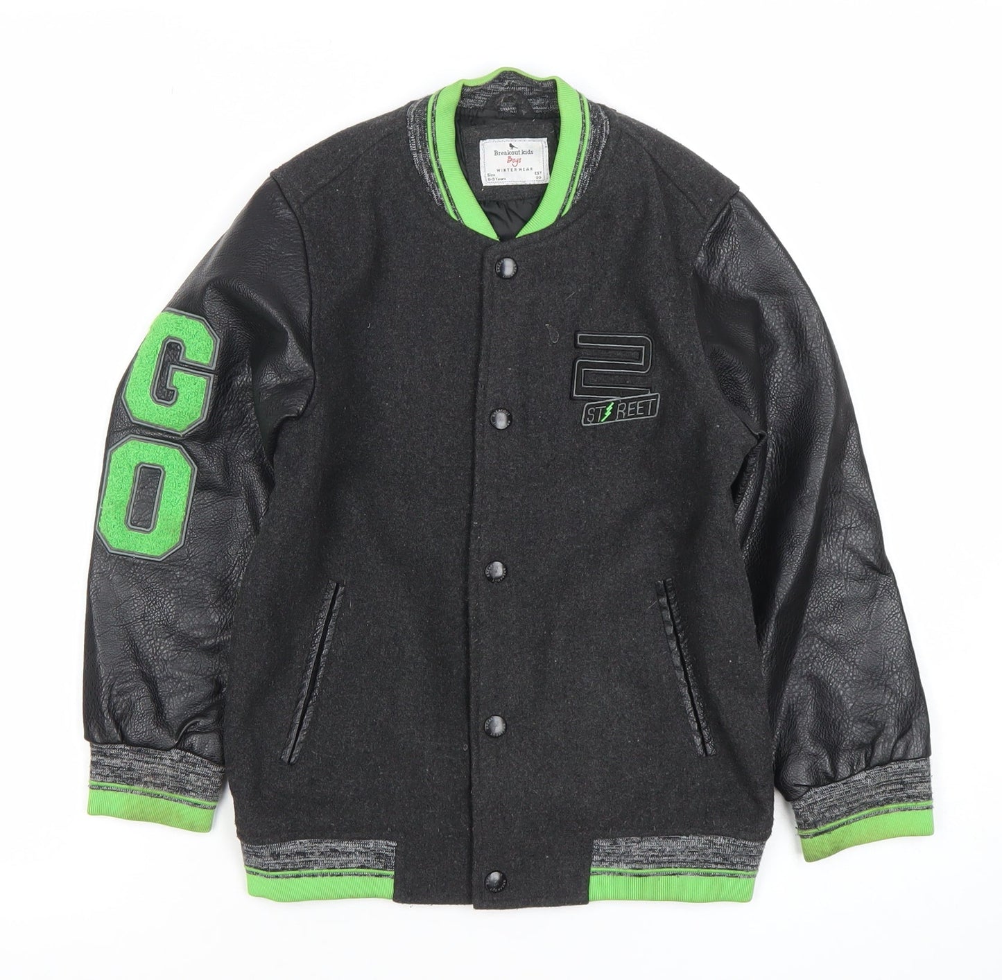 Breakout Kids Boys Black Varsity Jacket 8-9 Years Wool Blend Winter