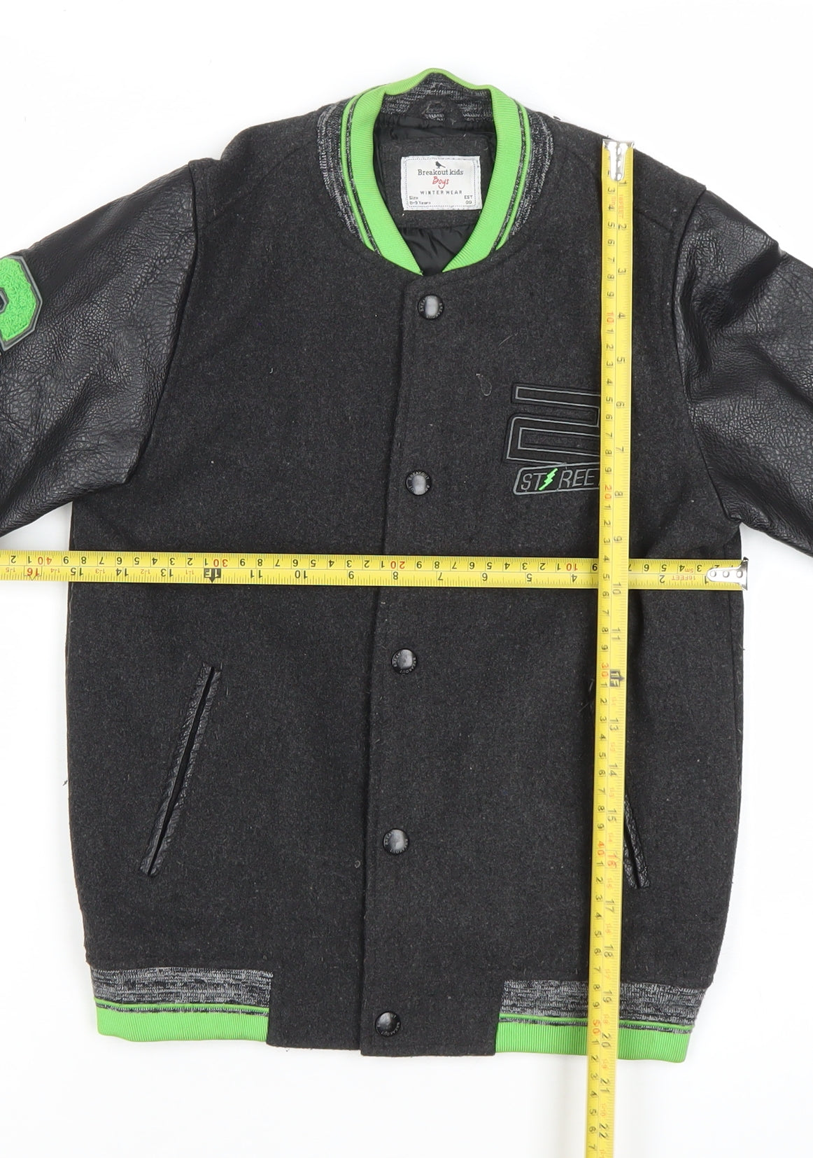 Breakout Kids Boys Black Varsity Jacket 8-9 Years Wool Blend Winter