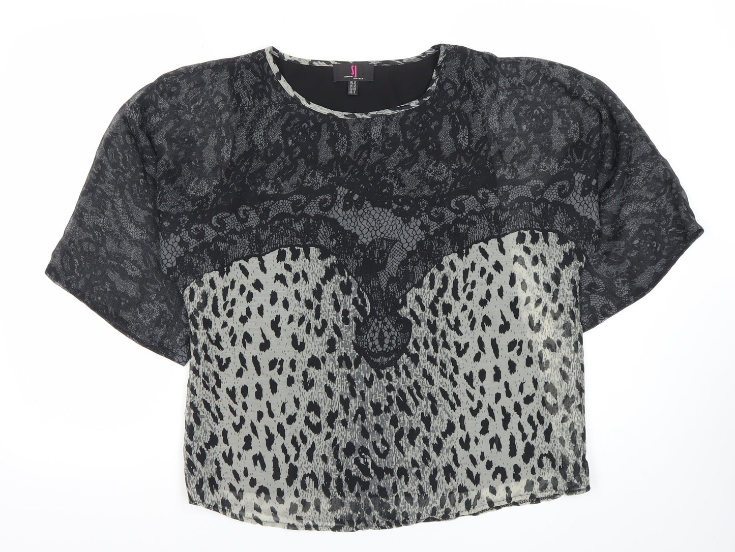 Simon Jeffery Womens Black Animal Print Chiffon Blouse Size 12