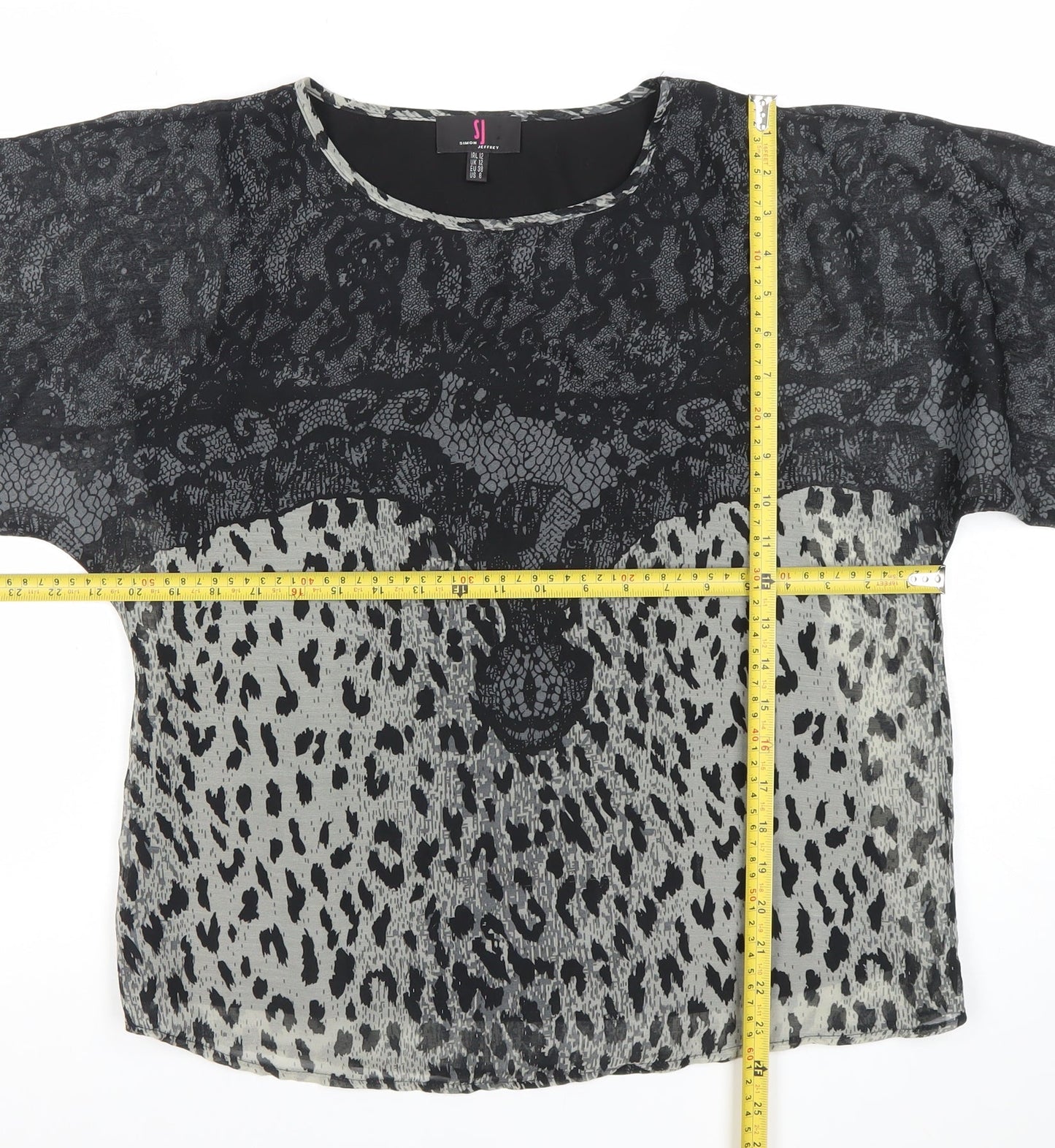 Simon Jeffery Womens Black Animal Print Chiffon Blouse Size 12