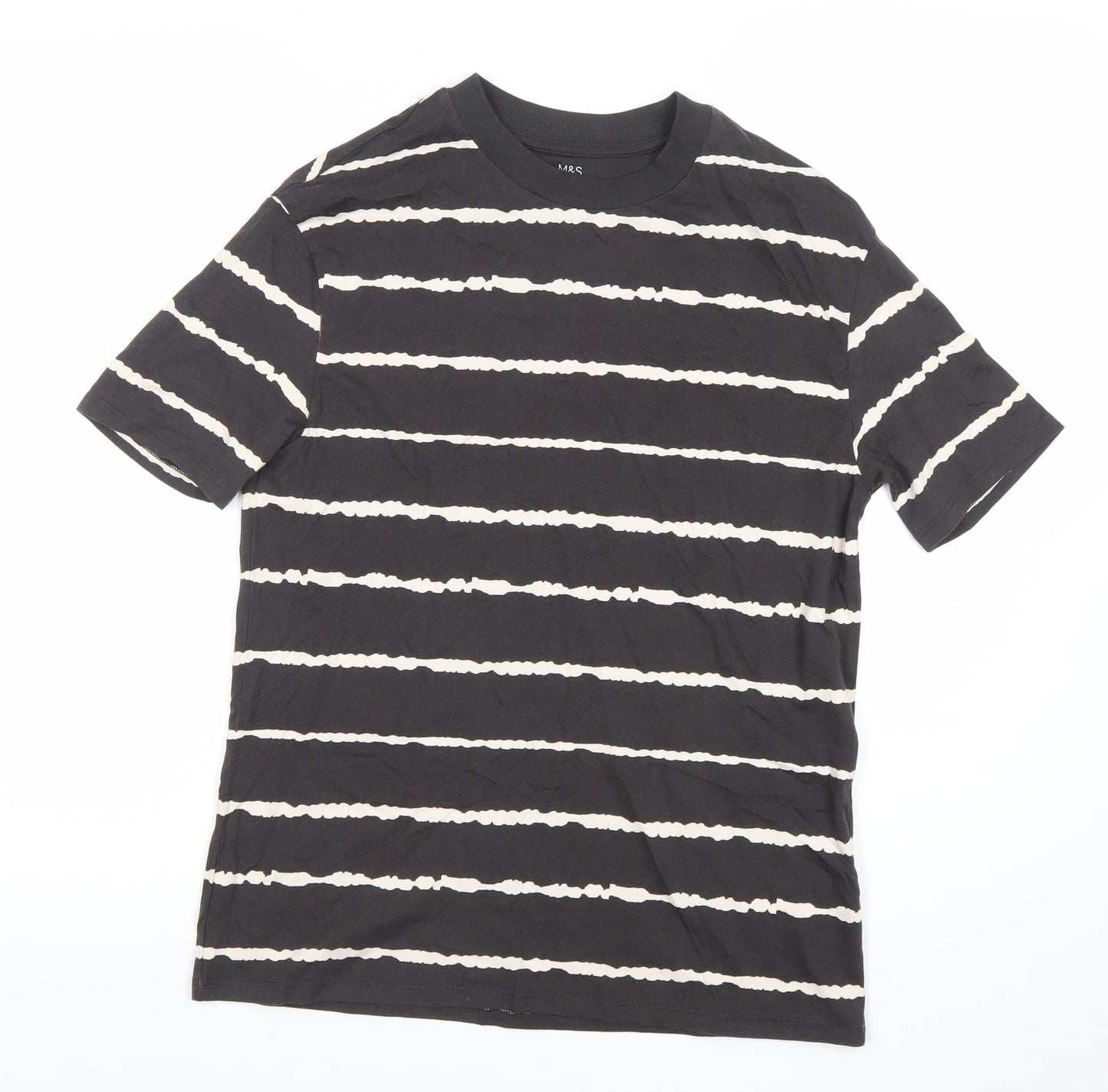 Marks and Spencer Boys Black Striped T-Shirt 12-13 Years Cotton