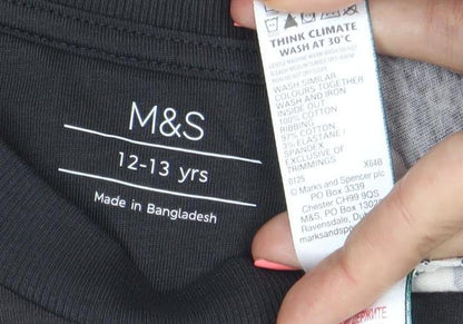 Marks and Spencer Boys Black Striped T-Shirt 12-13 Years Cotton