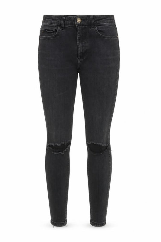 Front view of Denim Co. women’s black skinny jeans, size UK 10, distressed slim fit