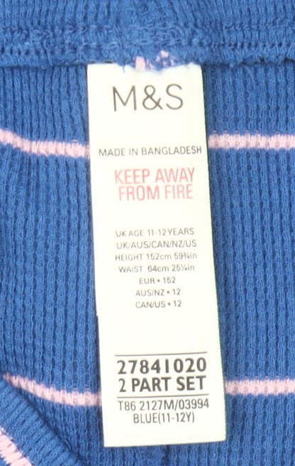 Marks and Spencer Boys Blue Striped Sleep Shorts 11-12 Years Cotton Blend