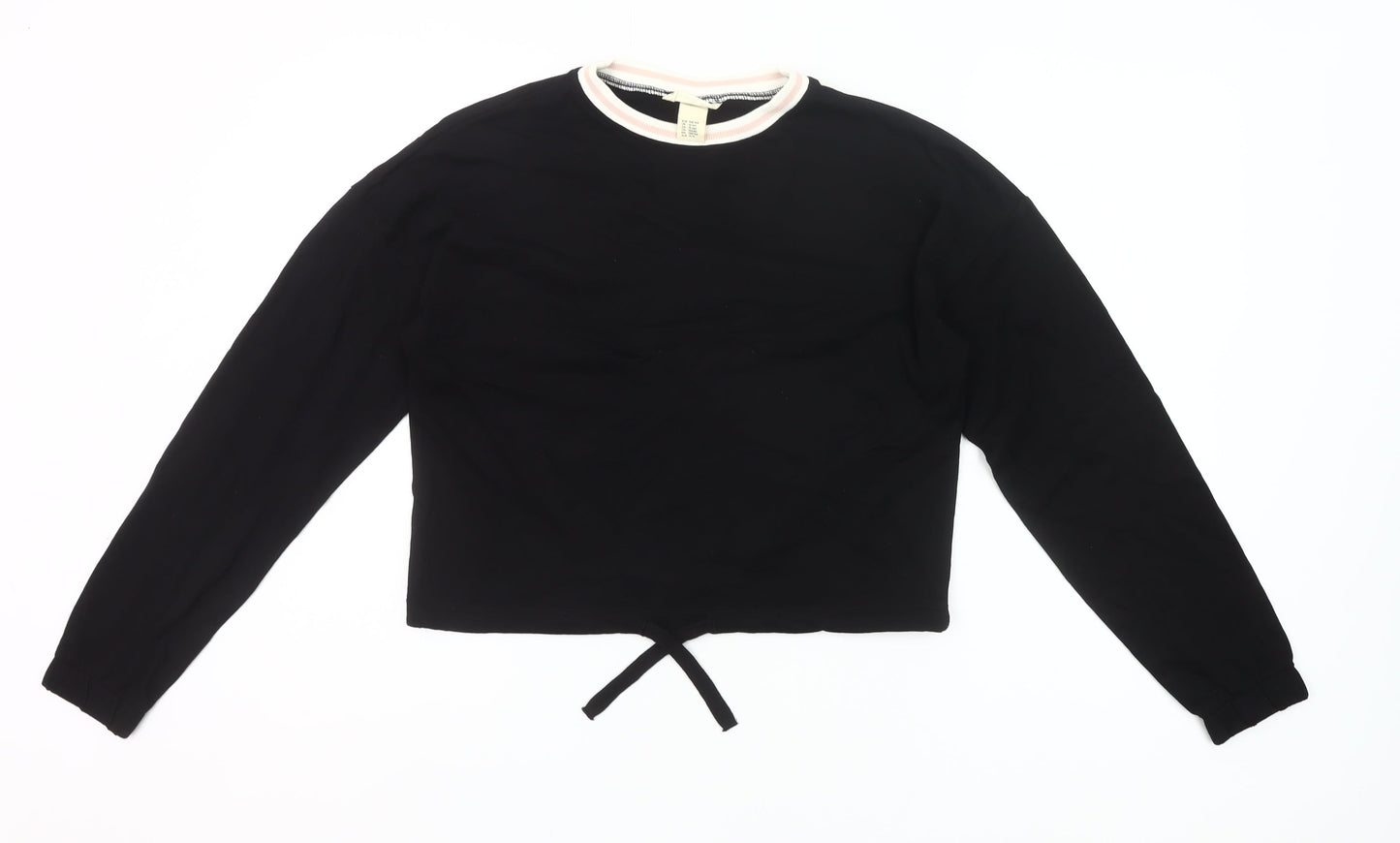 H&M Girls Black Cotton Cropped Long Sleeve T-Shirt 13-14Y Crew Neck
