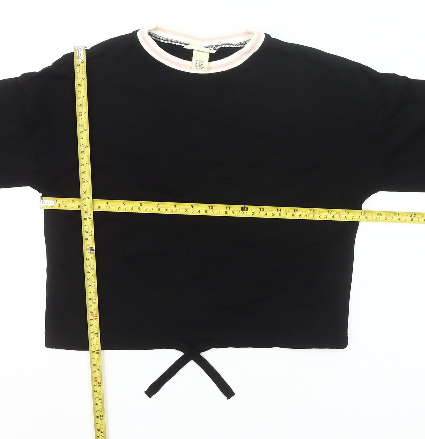 H&M Girls Black Cotton Cropped Long Sleeve T-Shirt 13-14Y Crew Neck