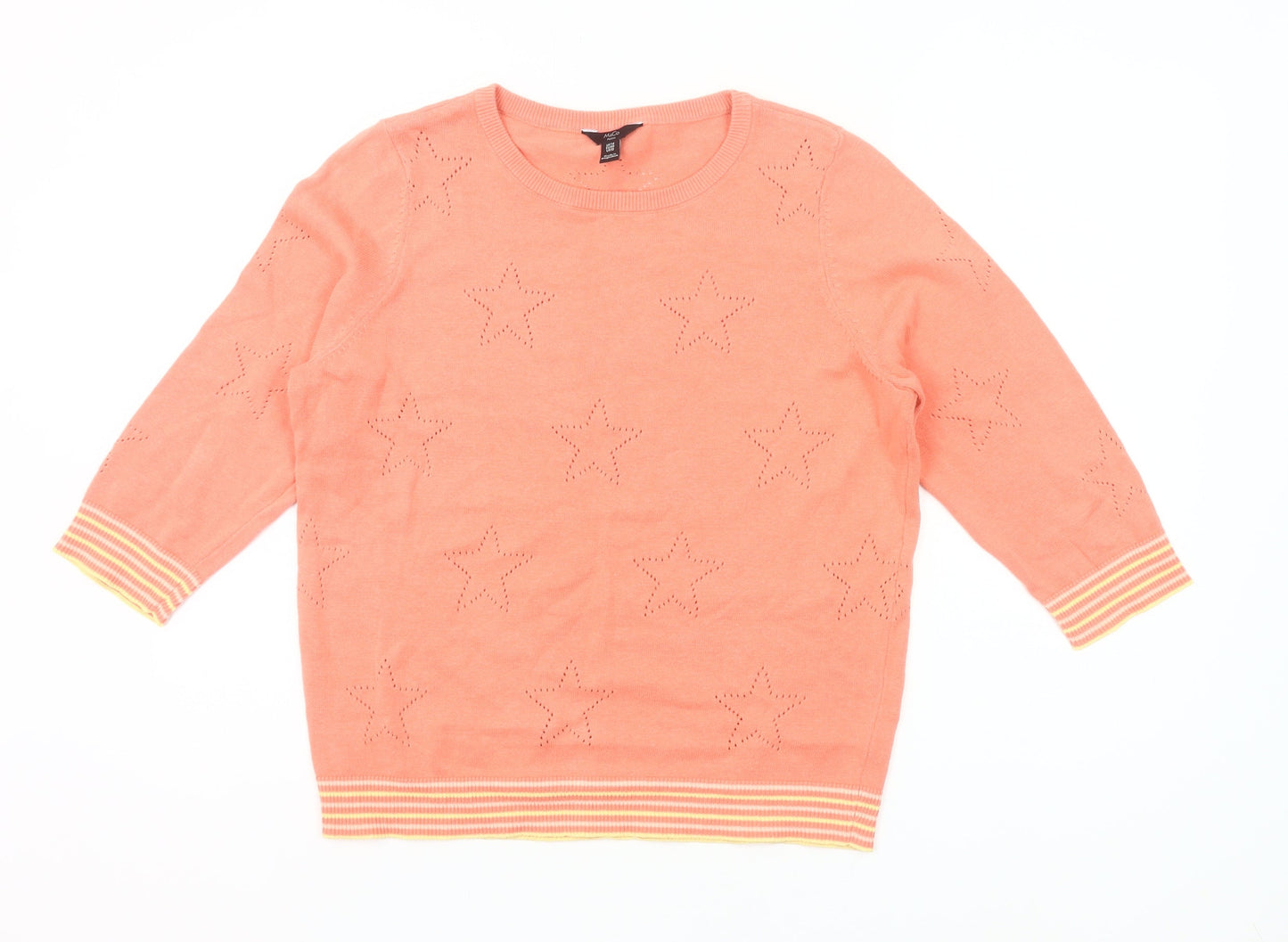 M&Co Women’s Orange Petite Jumper UK14 Crew Neck 3/4 Sleeve Star Knit