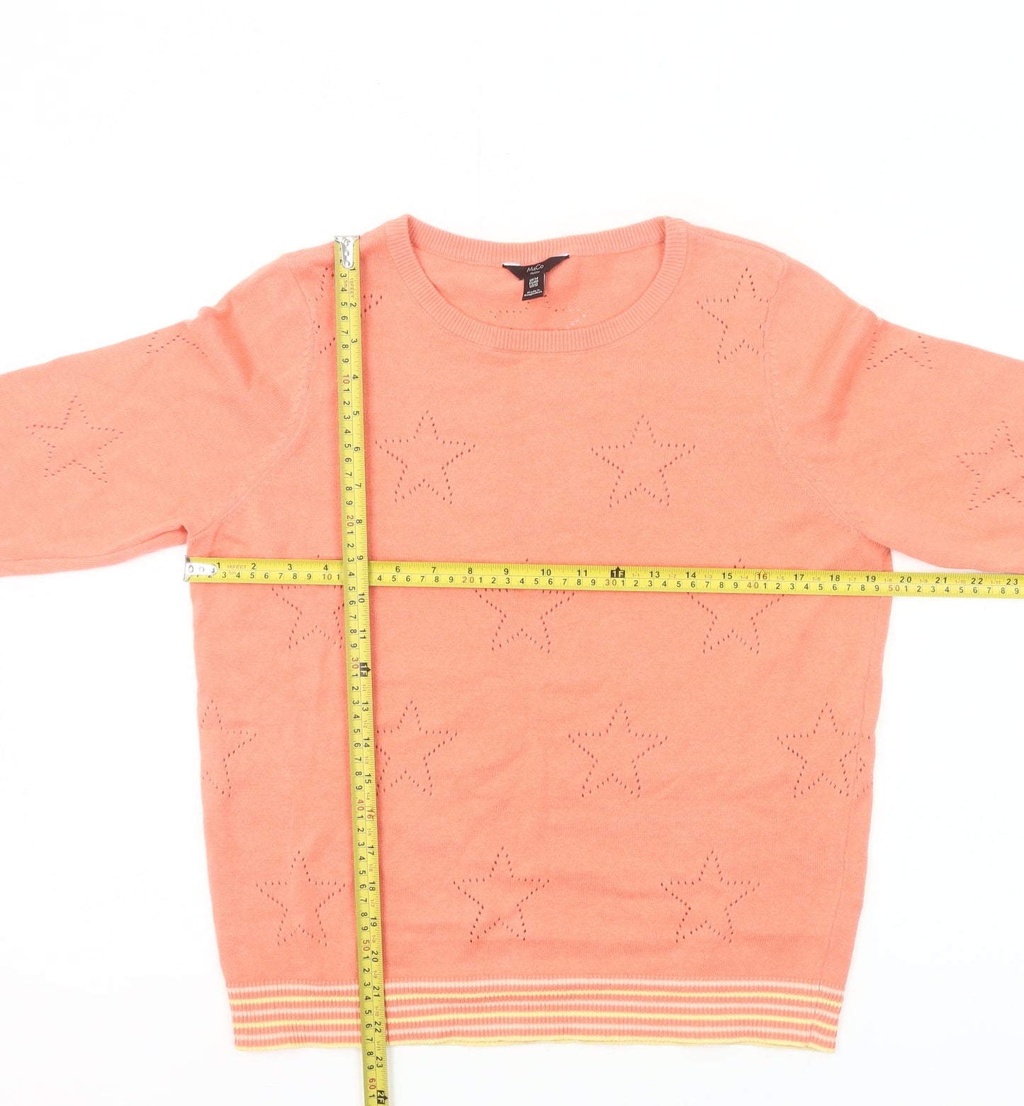 M&Co Women’s Orange Petite Jumper UK14 Crew Neck 3/4 Sleeve Star Knit