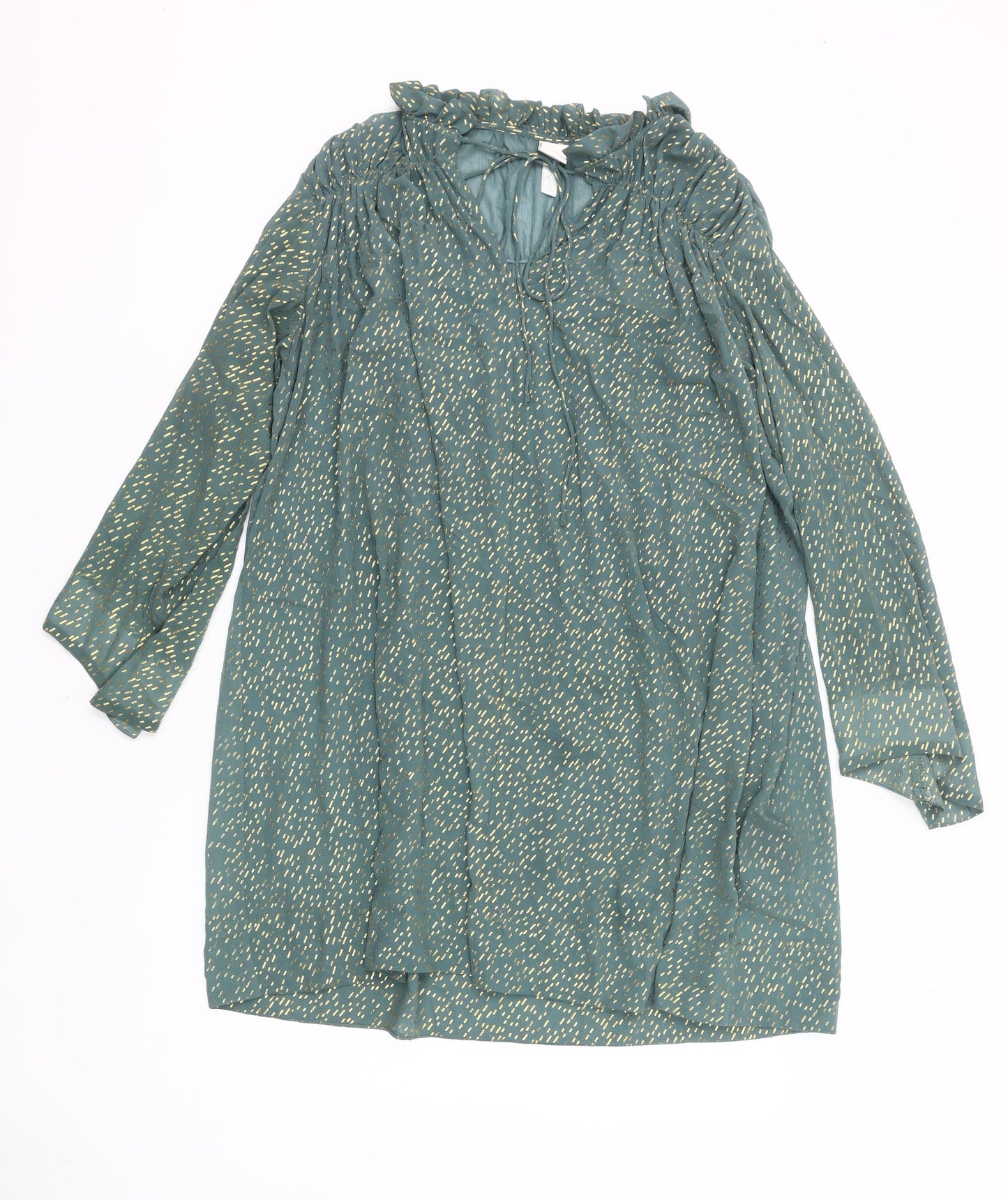 H&M Women Green Metallic Shift Dress Size 12 Long Sleeve Ruffle V-Neck