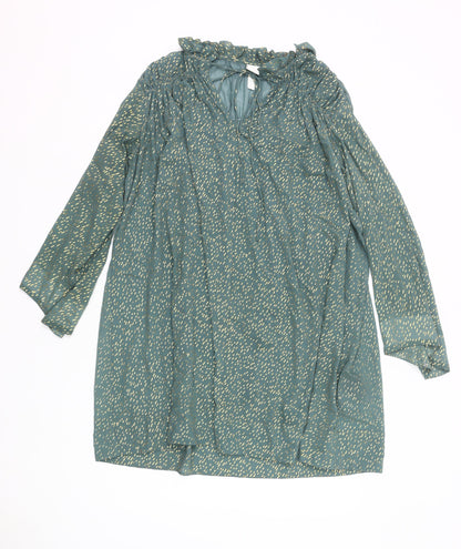 H&M Women Green Metallic Shift Dress Size 12 Long Sleeve Ruffle V-Neck