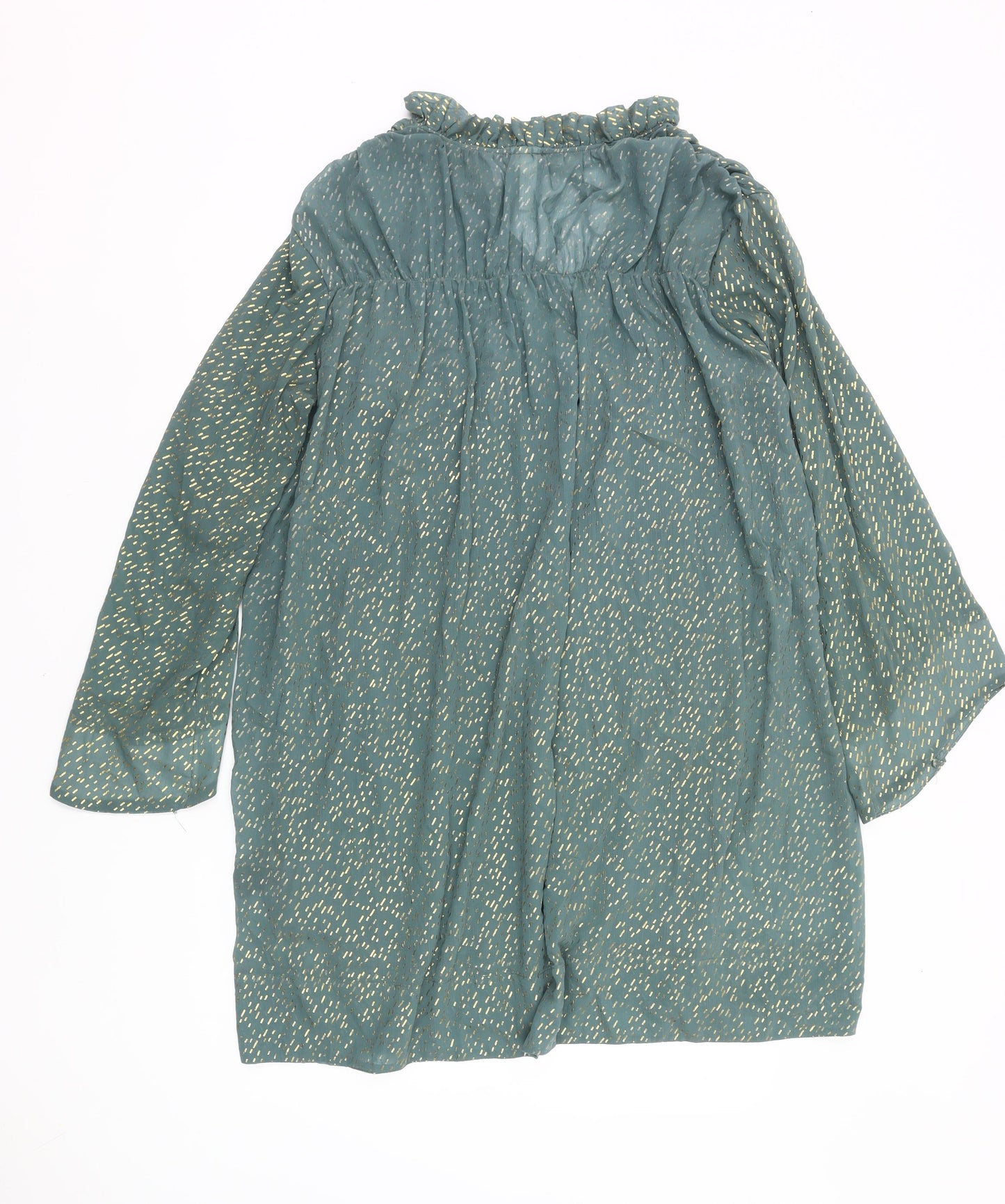 H&M Women Green Metallic Shift Dress Size 12 Long Sleeve Ruffle V-Neck