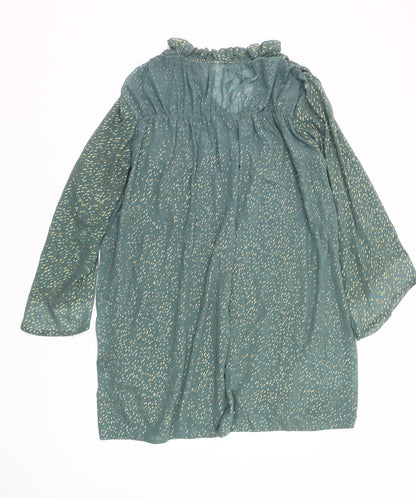 H&M Women Green Metallic Shift Dress Size 12 Long Sleeve Ruffle V-Neck