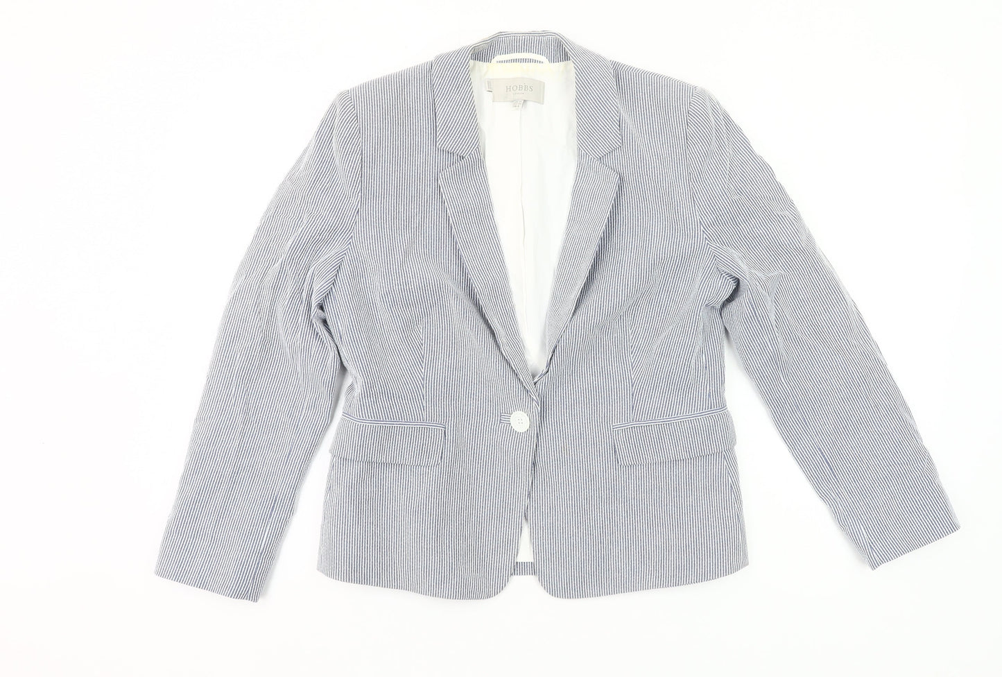 Hobbs Womens Blue Pinstripe UK 10 Fitted Cotton Blend Blazer Jacket