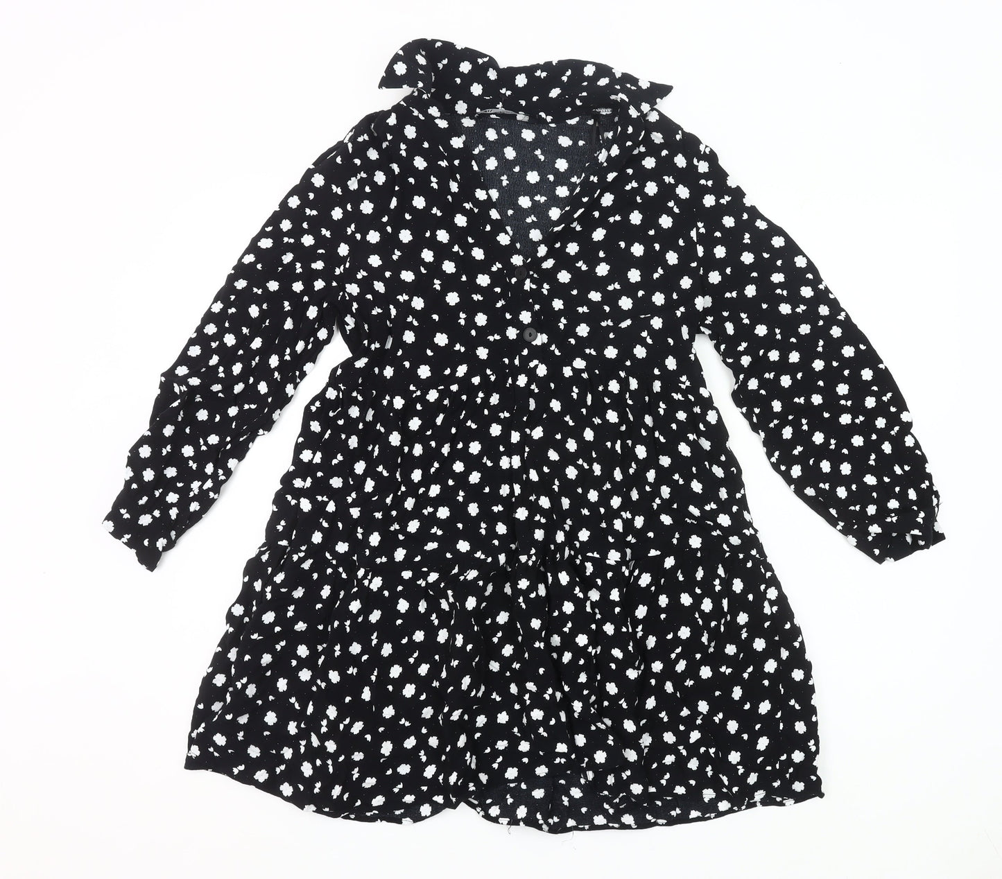 Zara Women Black Floral Shirt Dress Size 8 Knee Length Long Sleeve