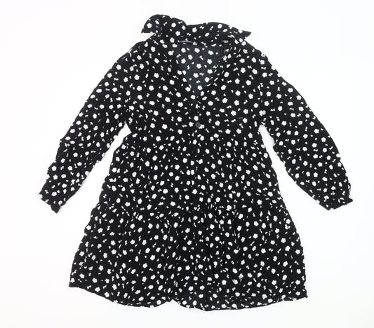 Zara Women Black Floral Shirt Dress Size 8 Knee Length Long Sleeve