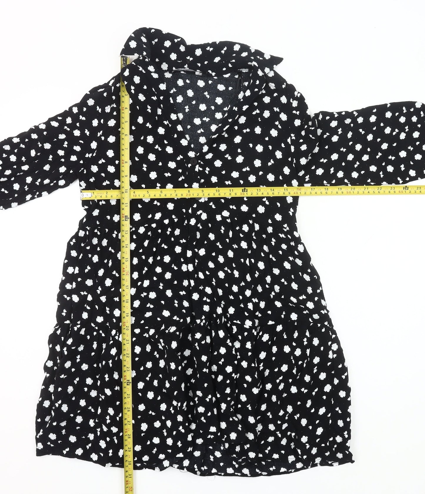 Zara Women Black Floral Shirt Dress Size 8 Knee Length Long Sleeve
