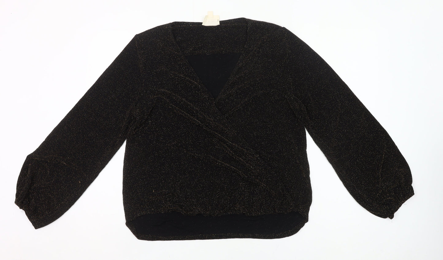 If By Sea Womens Black Glitter Wrap Blouse XL Long Sleeve Party Top