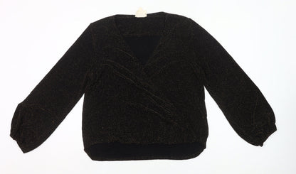 If By Sea Womens Black Glitter Wrap Blouse XL Long Sleeve Party Top