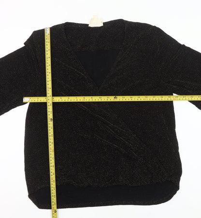 If By Sea Womens Black Glitter Wrap Blouse XL Long Sleeve Party Top