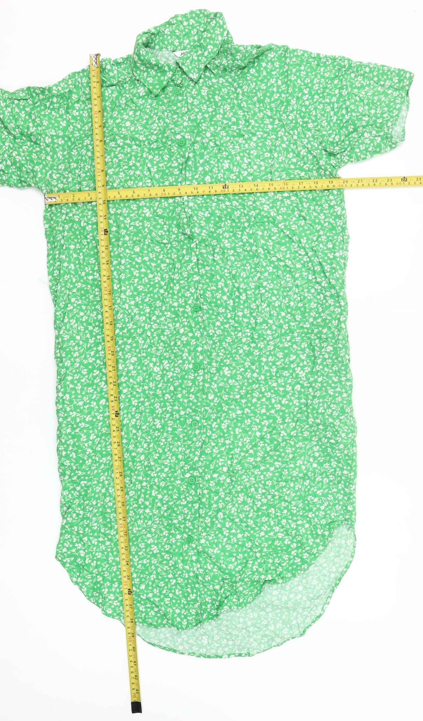 Monki Women Green Floral Shirt Dress S Short Sleeve Collared