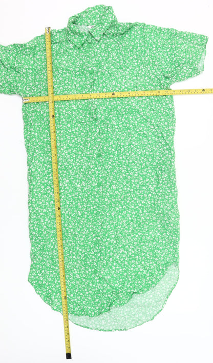 Monki Women Green Floral Shirt Dress S Short Sleeve Collared
