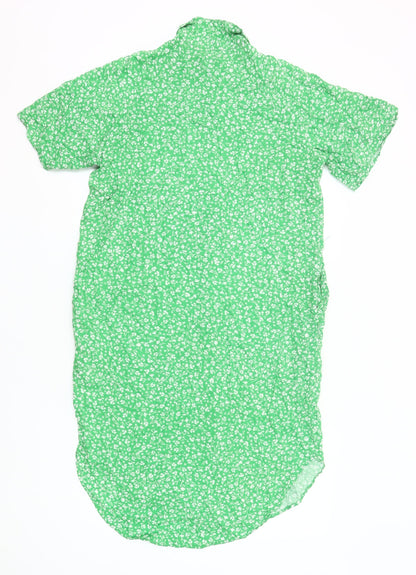 Monki Women Green Floral Shirt Dress S Short Sleeve Collared