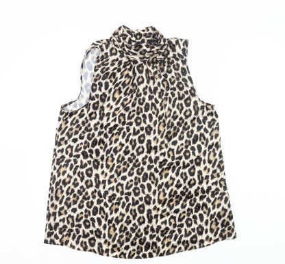 F&F Womens Leopard Print Blouse UK 10 Sleeveless High Neck Polyester