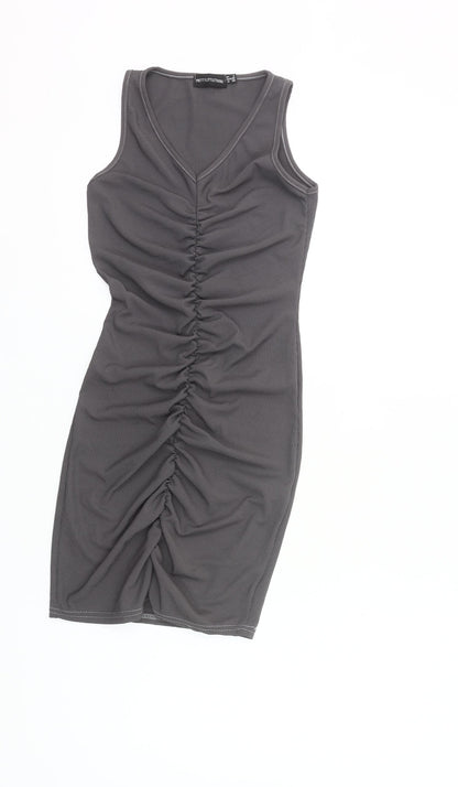 PrettyLittleThing Women’s Grey Bodycon Knee Dress Size 2 Ruched V-Neck