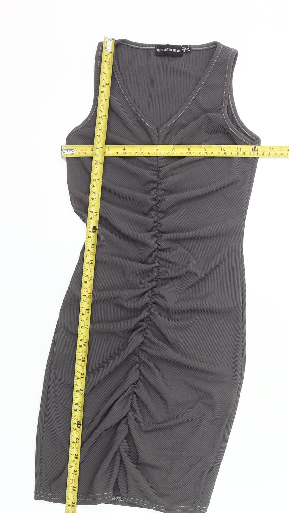PrettyLittleThing Women’s Grey Bodycon Knee Dress Size 2 Ruched V-Neck