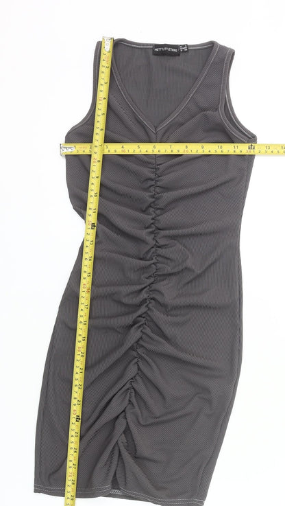 PrettyLittleThing Women’s Grey Bodycon Knee Dress Size 2 Ruched V-Neck