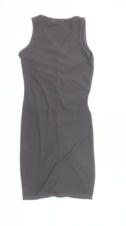 PrettyLittleThing Women’s Grey Bodycon Knee Dress Size 2 Ruched V-Neck