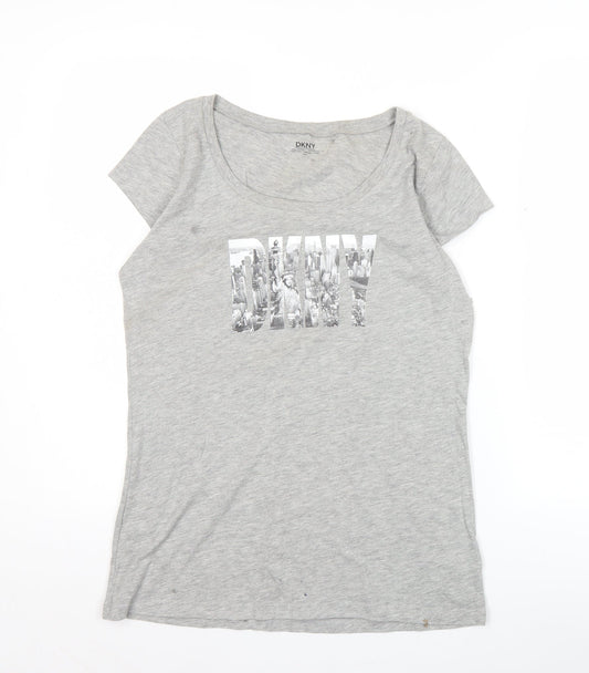 DKNY Womens Grey XS Slim Fit Scoop Neck Logo T-Shirt