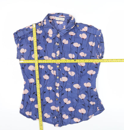 Tory Burch Women Blue Floral Cotton Short Sleeve Button-Up Shirt Size 10