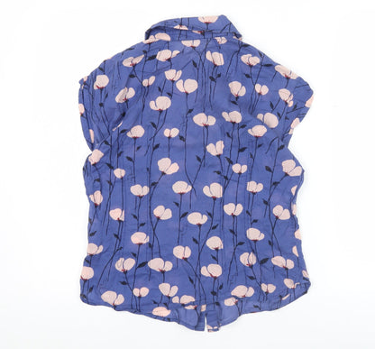 Tory Burch Women Blue Floral Cotton Short Sleeve Button-Up Shirt Size 10