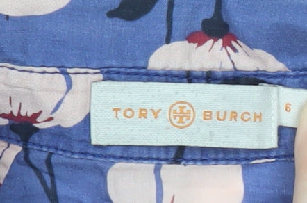 Tory Burch Women Blue Floral Cotton Short Sleeve Button-Up Shirt Size 10