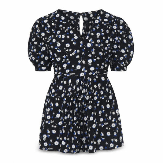 New Look Womens Black Floral Tunic Blouse Size 8 V-Neck Puff Sleeve